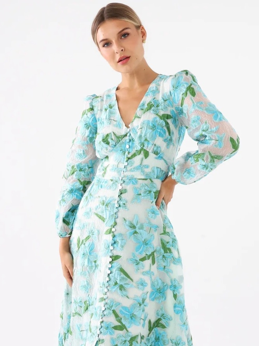 ABBEY GLASS BROOKE TROPICAL TURQUOISE ORGANZA V-NECK LONG SLEEVE MIDI DRESS